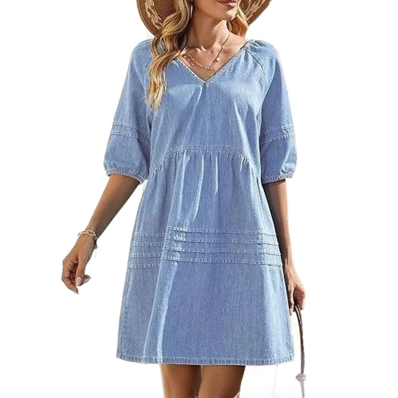 Robe Femme Denim Léger Col en V Coupe Fluide