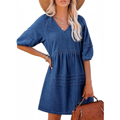 Robe Femme Denim Léger Col en V Coupe Fluide