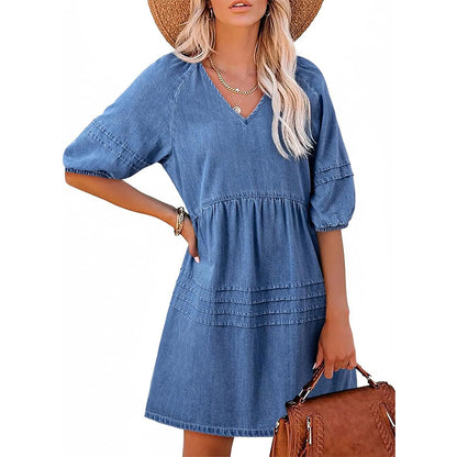 Robe Femme Denim Léger Col en V Coupe Fluide