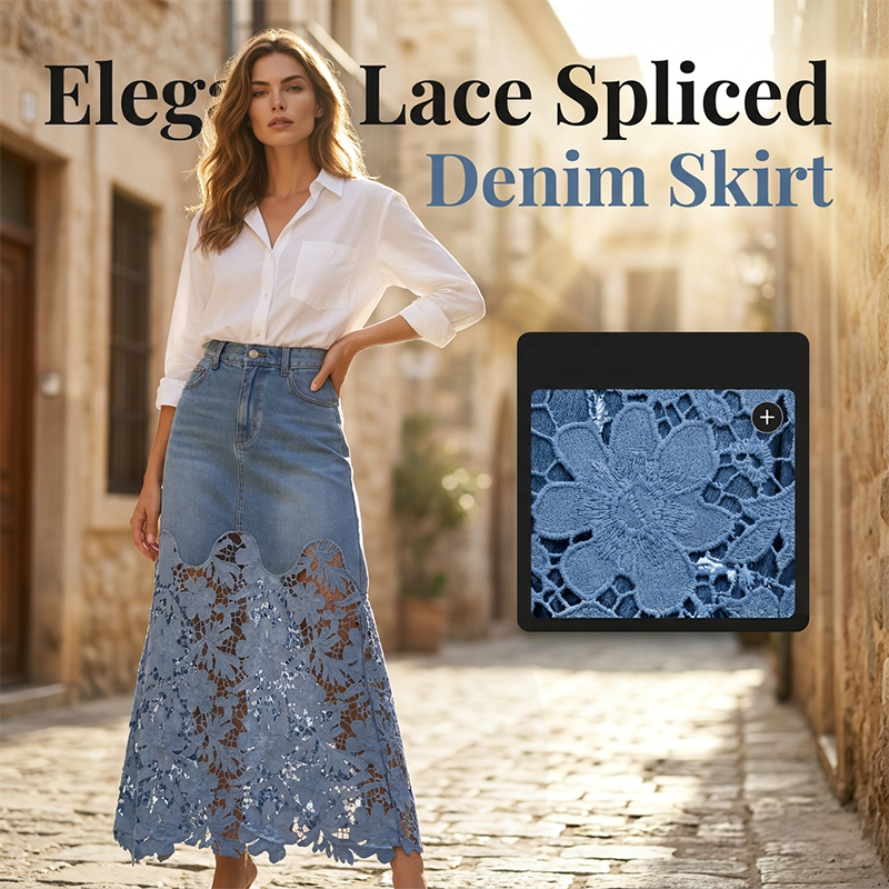 Jupe longue Femme en Denim Dentelle Florale Coupe Fluide