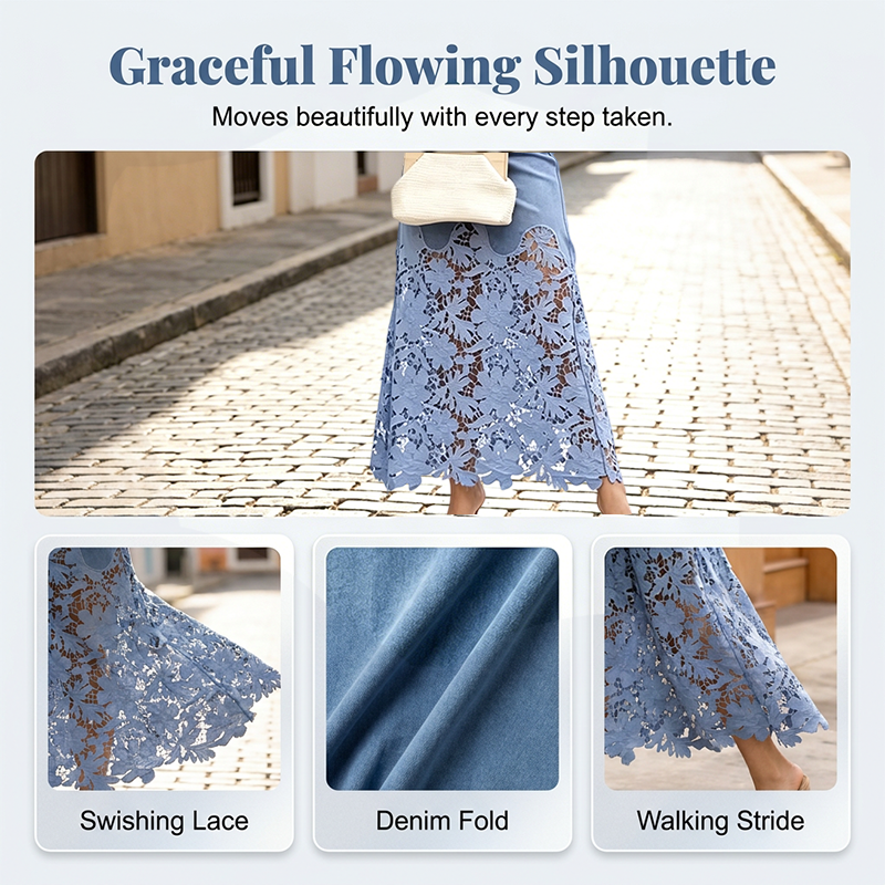 Jupe longue Femme en Denim Dentelle Florale Coupe Fluide