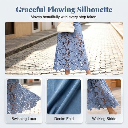 Jupe longue Femme en Denim Dentelle Florale Coupe Fluide