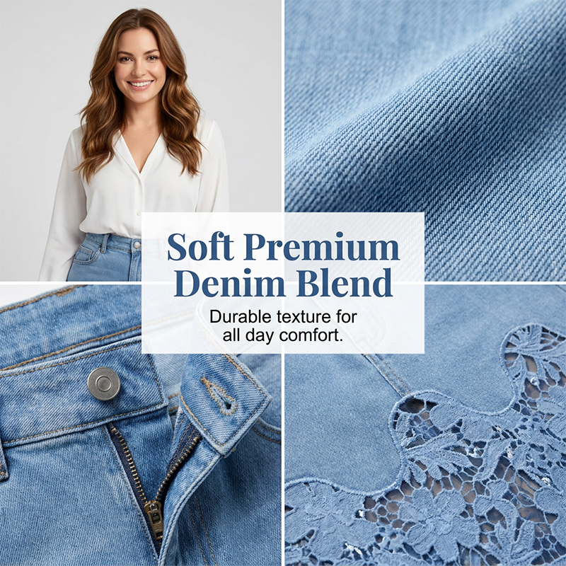 Jupe longue Femme en Denim Dentelle Florale Coupe Fluide