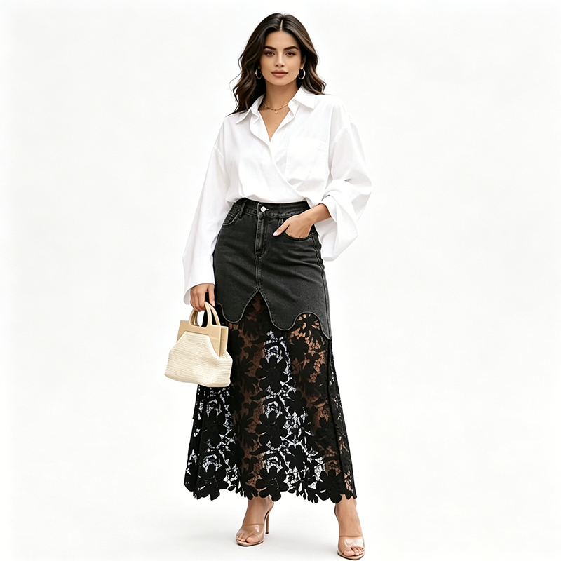 Jupe longue Femme en Denim Dentelle Florale Coupe Fluide