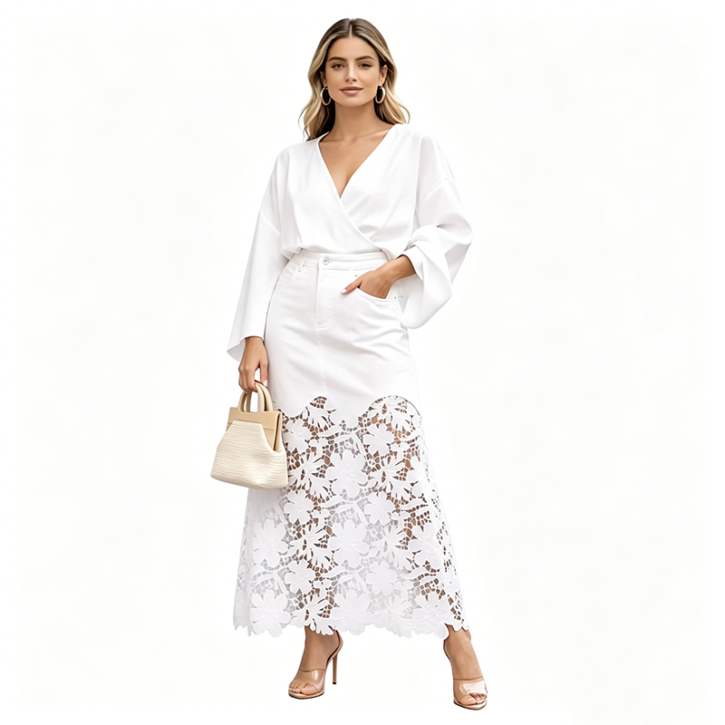 Jupe longue Femme en Denim Dentelle Florale Coupe Fluide