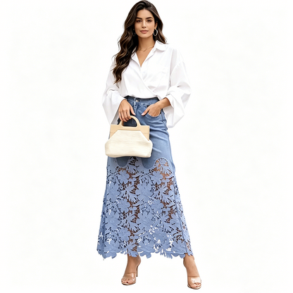 Jupe longue Femme en Denim Dentelle Florale Coupe Fluide