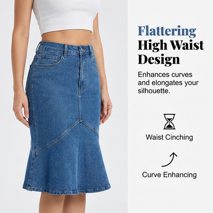 Jupe Midi Femme Denim Taille Haute Coupe Sirène