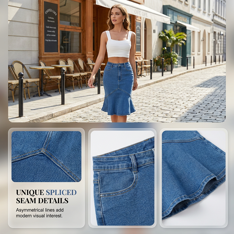 Jupe Midi Femme Denim Taille Haute Coupe Sirène