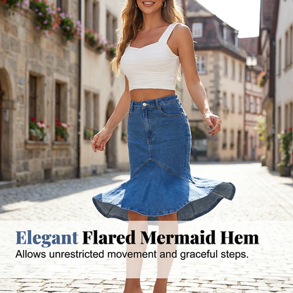 Jupe Midi Femme Denim Taille Haute Coupe Sirène
