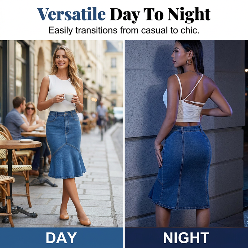 Jupe Midi Femme Denim Taille Haute Coupe Sirène