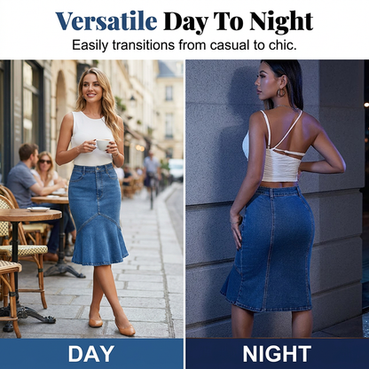 Jupe Midi Femme Denim Taille Haute Coupe Sirène