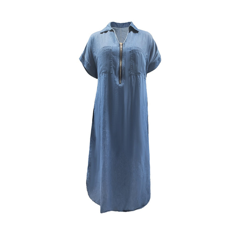 Robe Chemise Femme en Denim Fermeture Éclair Poches