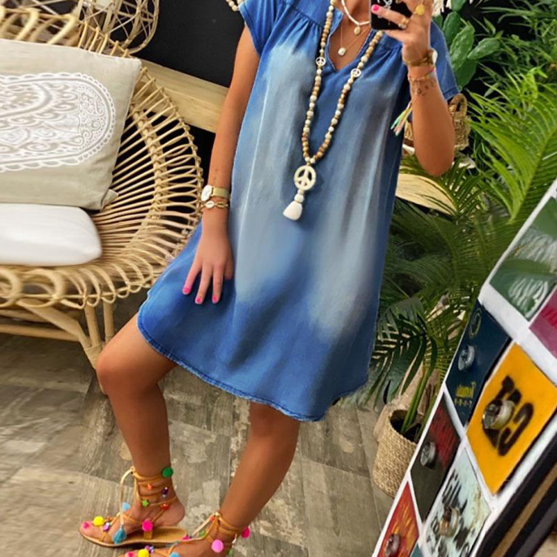 Robe Femme Effet Denim Légère Col en V Silhouette Fluide