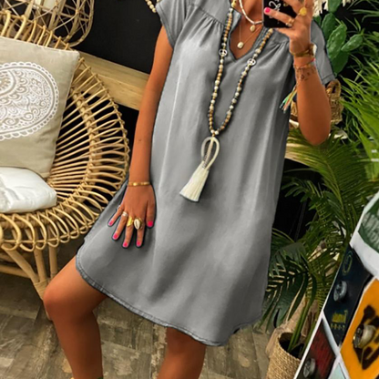 Robe Femme Effet Denim Légère Col en V Silhouette Fluide
