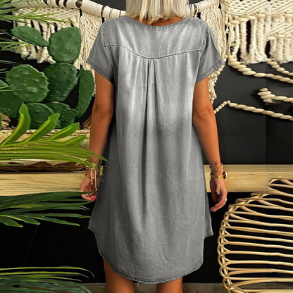 Robe Femme Effet Denim Légère Col en V Silhouette Fluide
