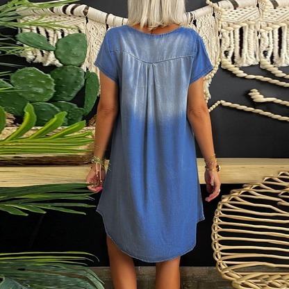 Robe Femme Effet Denim Légère Col en V Silhouette Fluide
