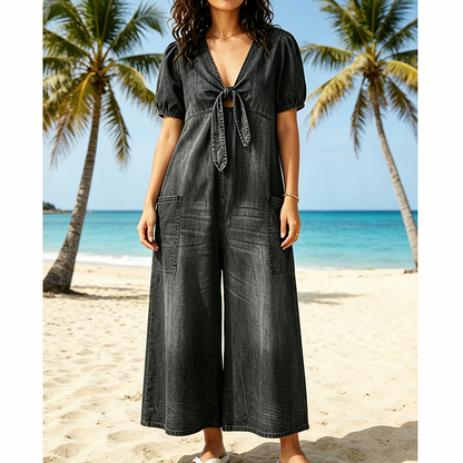 Combinaison Femme Col en V Noué Jambes Larges Fluides