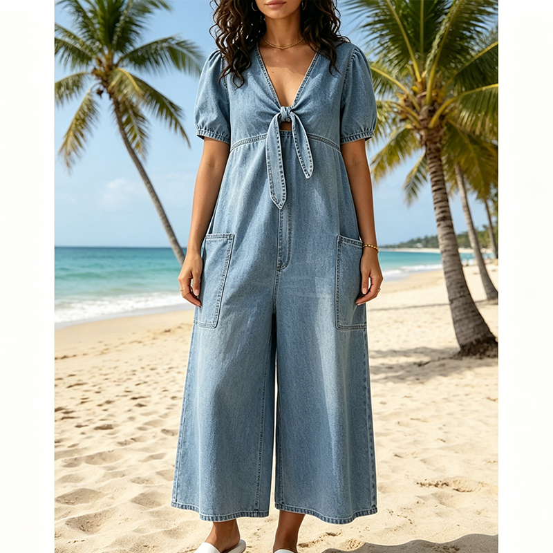 Combinaison Femme Col en V Noué Jambes Larges Fluides
