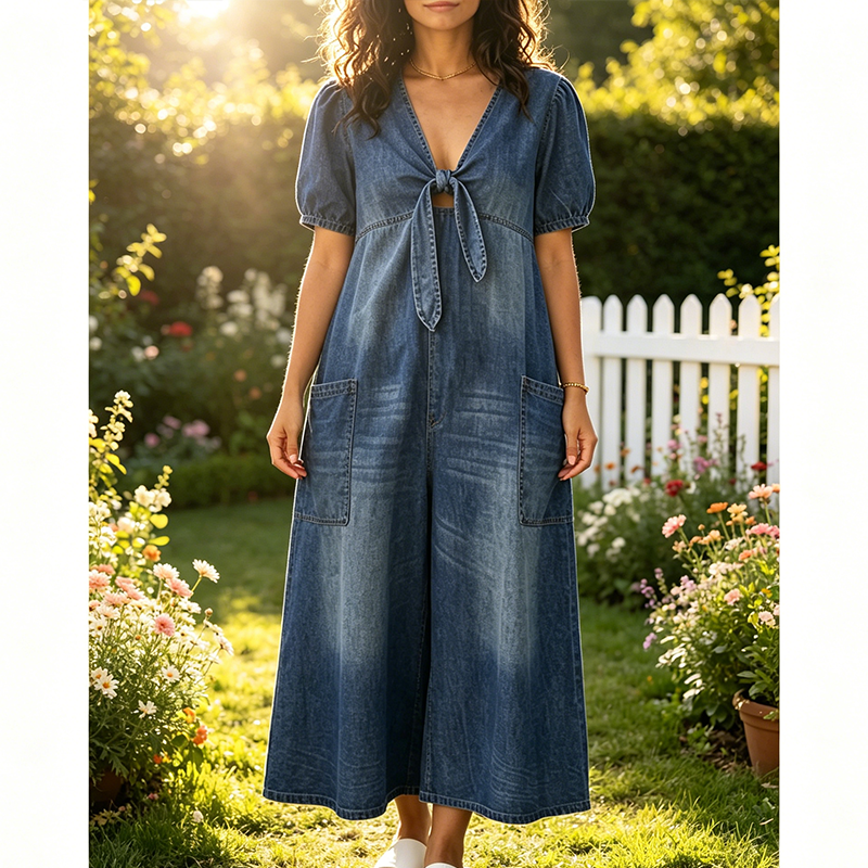 Combinaison Femme Col en V Noué Jambes Larges Fluides
