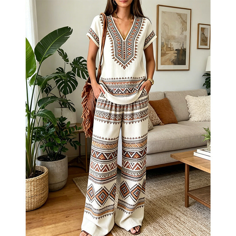 Ensemble Femme Haut Imprimé Floral Pantalon Large Style Bohème