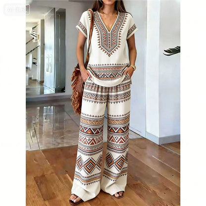 Ensemble Femme Haut Imprimé Floral Pantalon Large Style Bohème