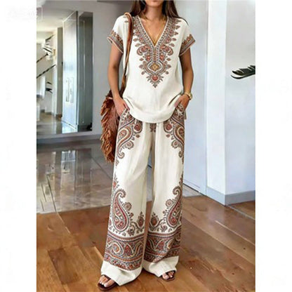 Ensemble Femme Haut Imprimé Floral Pantalon Large Style Bohème