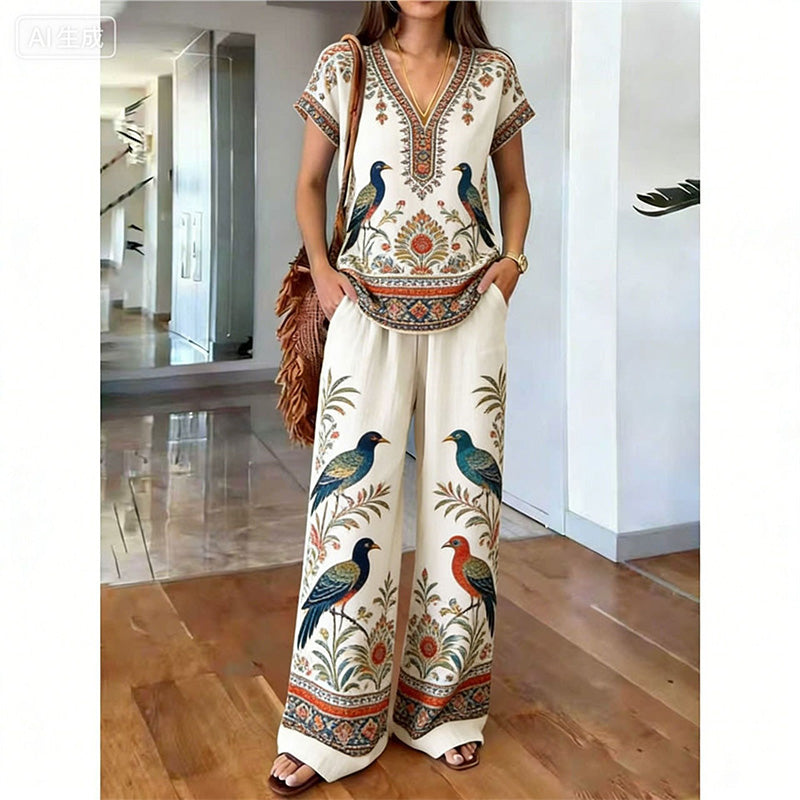 Ensemble Femme Haut Imprimé Floral Pantalon Large Style Bohème
