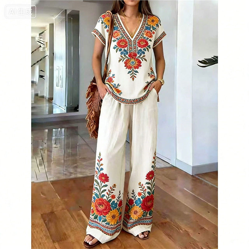 Ensemble Femme Haut Imprimé Floral Pantalon Large Style Bohème