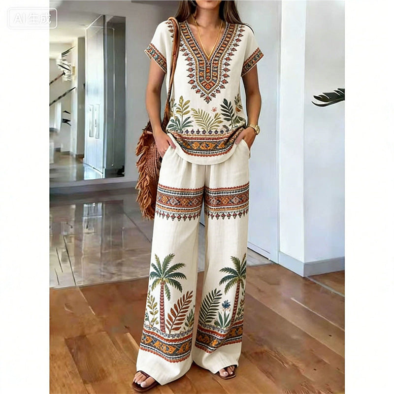Ensemble Femme Haut Imprimé Floral Pantalon Large Style Bohème