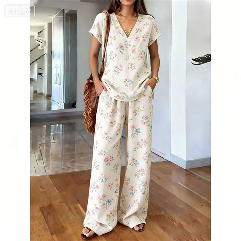 Ensemble Femme Haut Imprimé Floral Pantalon Large Style Bohème