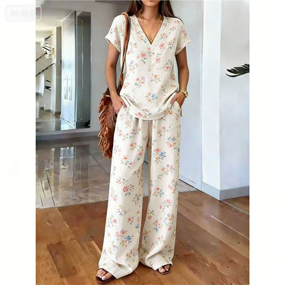 Ensemble Femme Haut Imprimé Floral Pantalon Large Style Bohème