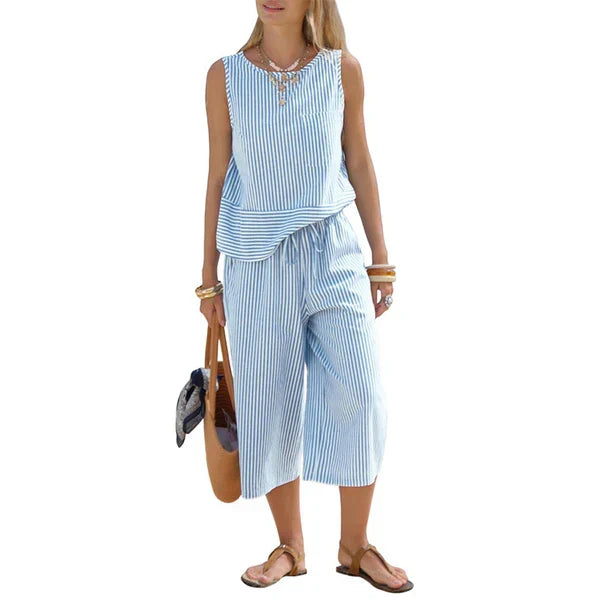 Ensemble Femme Viscose Rayé Pantalon Capri Coupe Droite