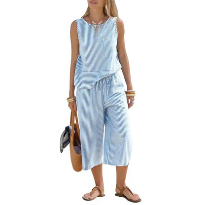 Ensemble Femme Viscose Rayé Pantalon Capri Coupe Droite