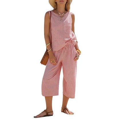 Ensemble Femme Viscose Rayé Pantalon Capri Coupe Droite