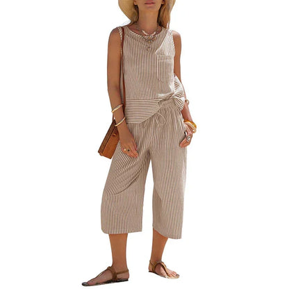 Ensemble Femme Viscose Rayé Pantalon Capri Coupe Droite