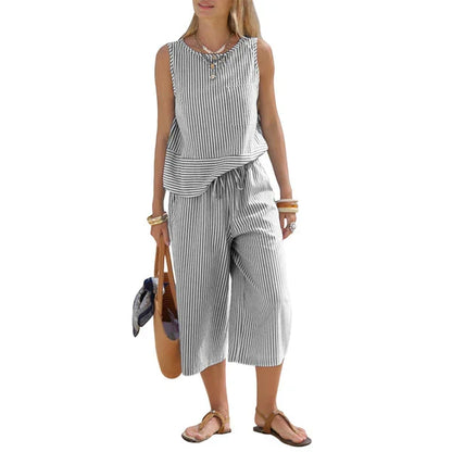 Ensemble Femme Viscose Rayé Pantalon Capri Coupe Droite