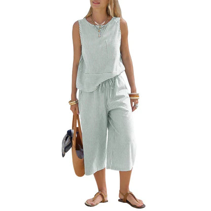 Ensemble Femme Viscose Rayé Pantalon Capri Coupe Droite
