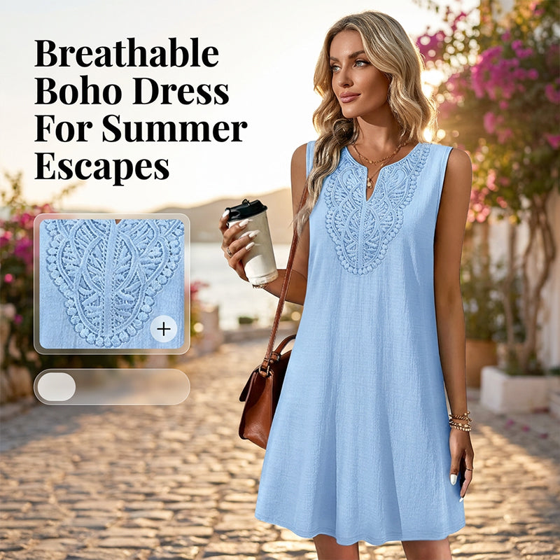 Robe dété Femme Coton Lin Col V Brodé