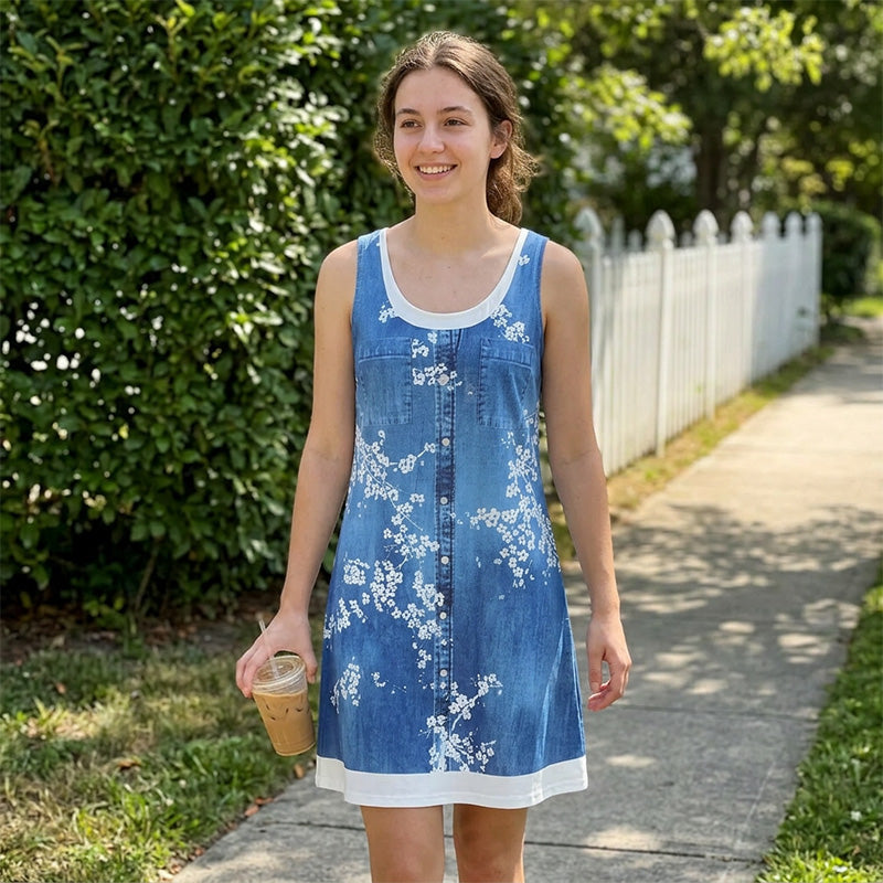 Robe courte Femme Effet Denim Sans Manches Boutonnée