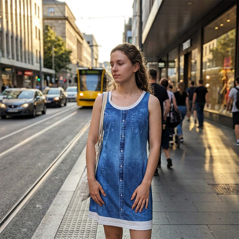 Robe courte Femme Effet Denim Sans Manches Boutonnée