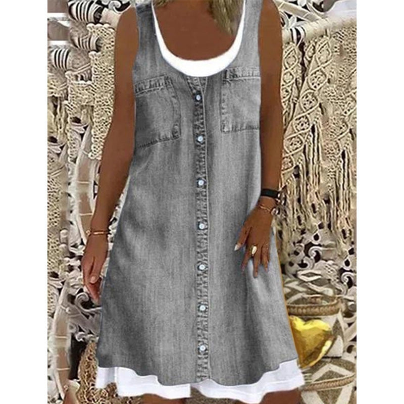 Robe courte Femme Effet Denim Sans Manches Boutonnée