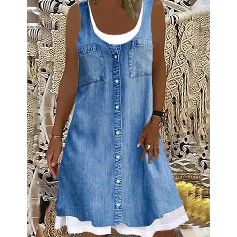Robe courte Femme Effet Denim Sans Manches Boutonnée - PanierRoyale