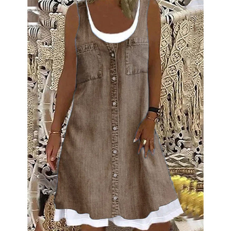 Robe courte Femme Effet Denim Sans Manches Boutonnée