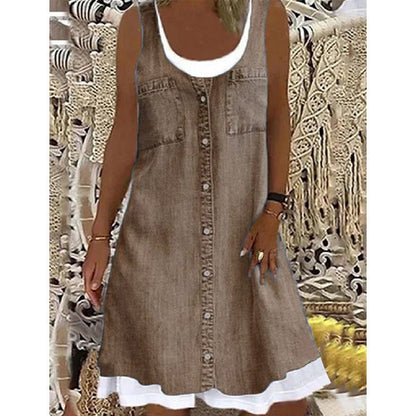 Robe courte Femme Effet Denim Sans Manches Boutonnée