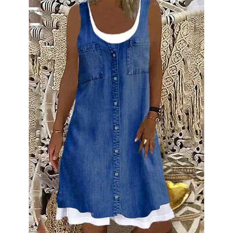 Robe courte Femme Effet Denim Sans Manches Boutonnée
