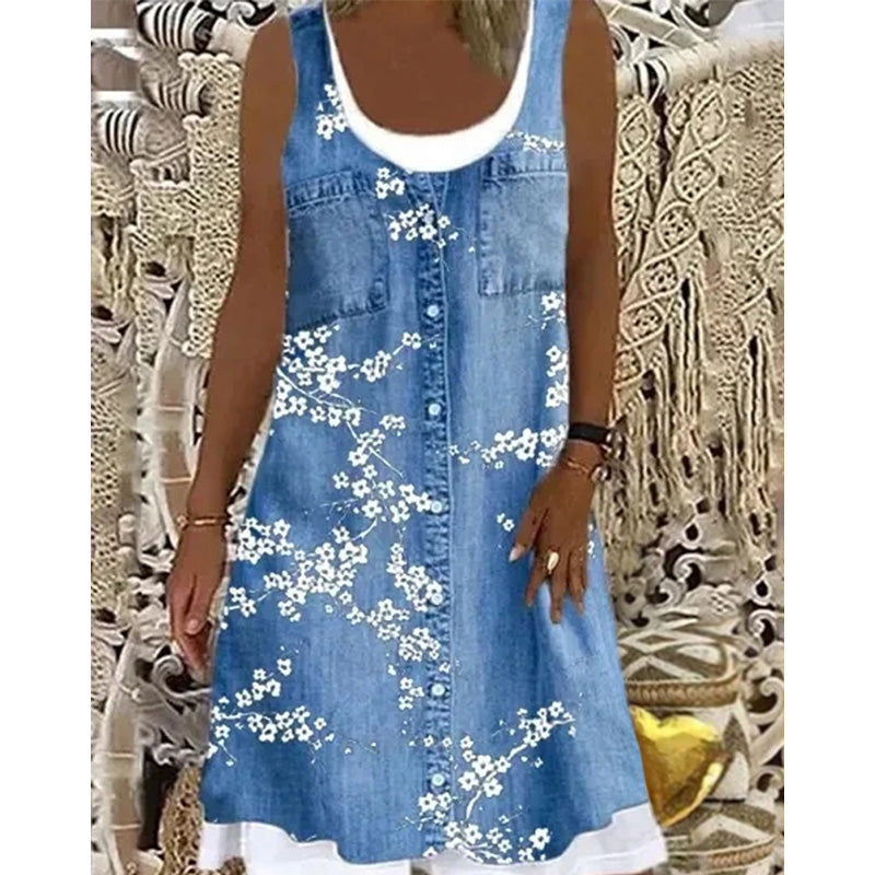 Robe courte Femme Effet Denim Sans Manches Boutonnée
