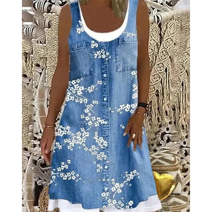 Robe courte Femme Effet Denim Sans Manches Boutonnée