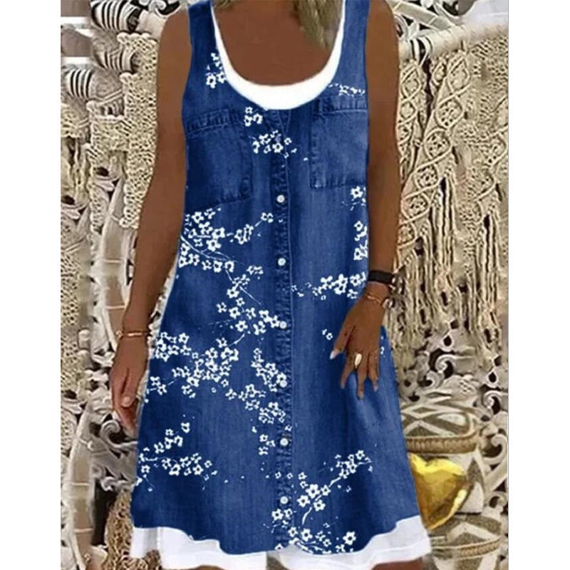 Robe courte Femme Effet Denim Sans Manches Boutonnée