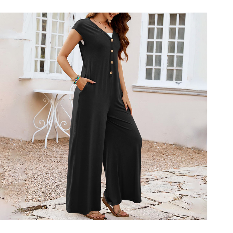 Combinaison Femme Col en V Boutons Jambes Larges