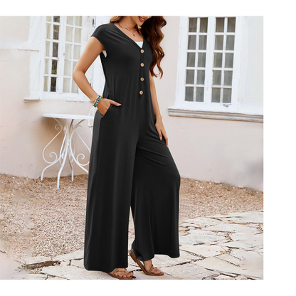 Combinaison Femme Col en V Boutons Jambes Larges
